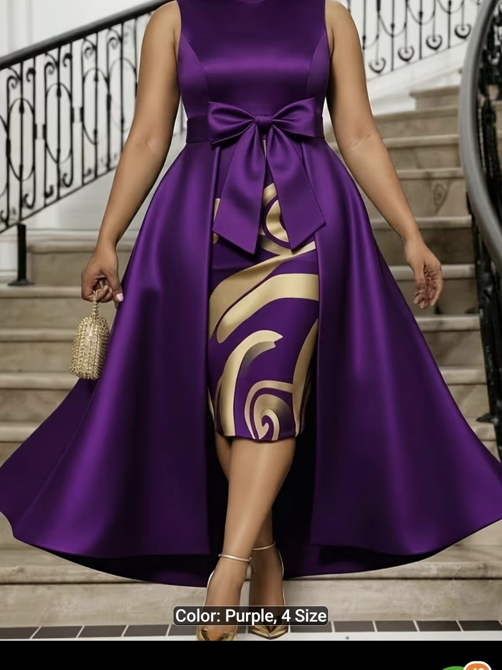 Elegant Purple High-Low Satin Dress with Gold-Accent Slip